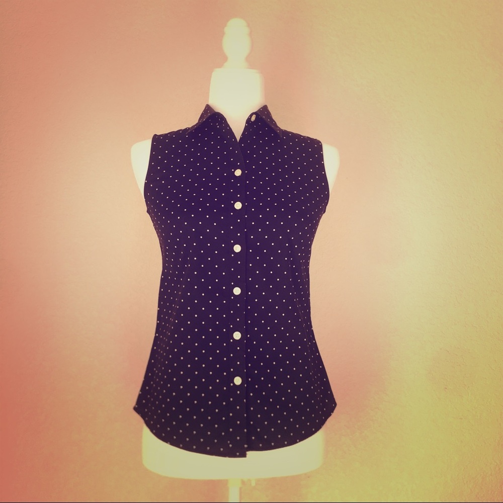 Banana Republic Collared Navy Blue Polka-dot Top